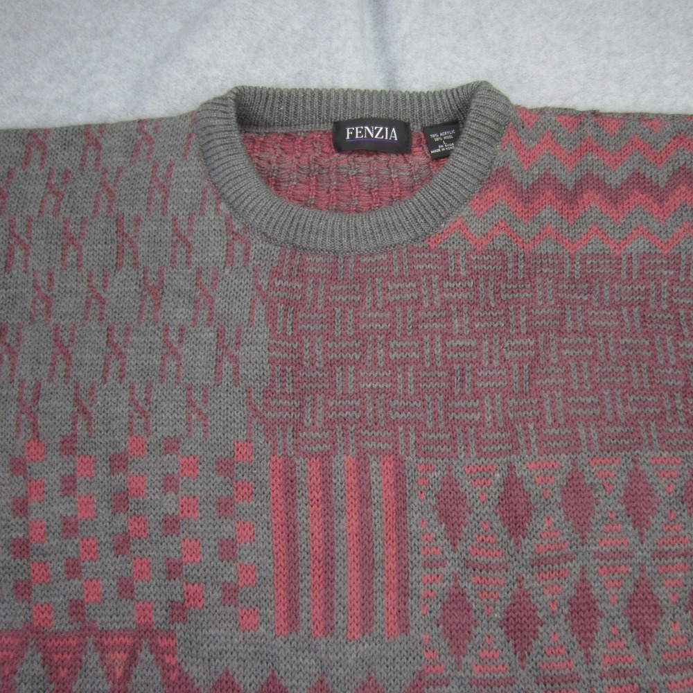 Vtg FENZIA Sweater Mens Large Geometric Wool Blend Long Sleeve Knit Grandpa - Picture 2 of 13